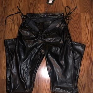 Black faux leather straight leg pants